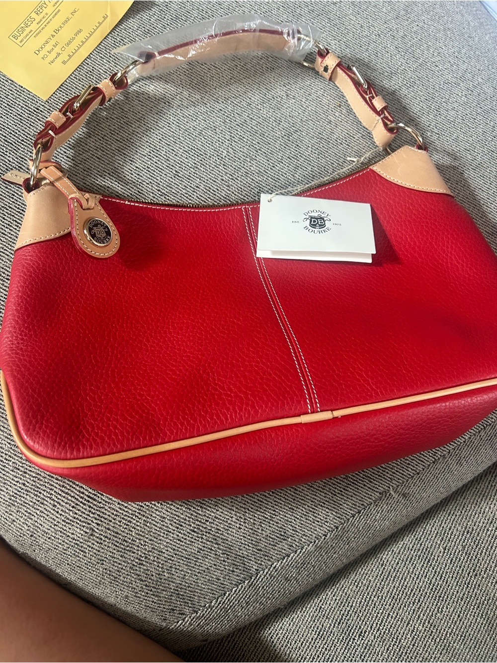 Dooney & Bourke Red Leather Shoulder Bag with Tan Trim